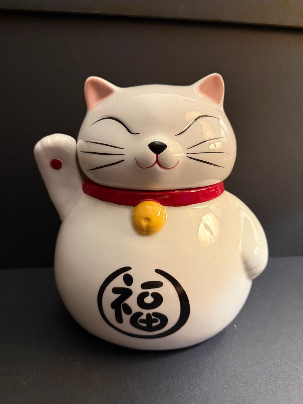 World Market - White Ceramic Lucky Cat Figurine with Red Collar and Bell